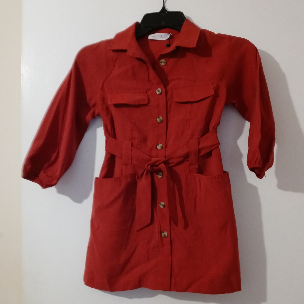 Zara Kids Chambray Red Long Sleeve Belted Open Button Placket Shirt Dress 6